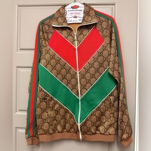 Gucci Men's Brown Jacket with Red and Green Chevron - Stock Uniform Issue